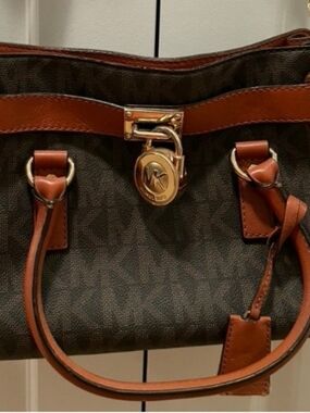 Michael Kors Brown Logo Satchel with Tan Trim and Gold Hardware